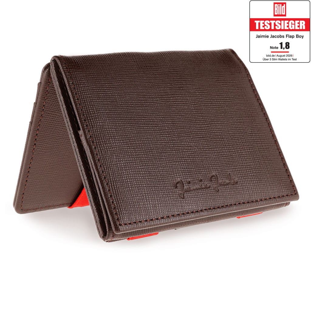 Jaimie Jacobs Geldbeutel Portemonnaie Saffiano Brown with Red Flap Boy - Magic Wallet with Coin Pocket - Limited Edition Flap Boy Magic Wallet with Coin Pocket Limited Edition 