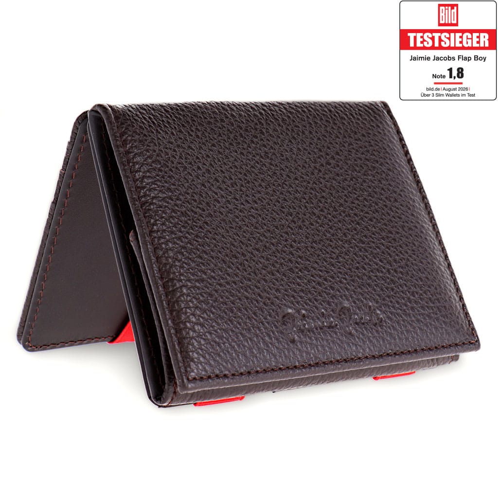 Jaimie Jacobs Geldbeutel Portemonnaie Grained Leather Brown with Red Flap Boy - Magic Wallet with Coin Pocket - Limited Edition Flap Boy Magic Wallet with Coin Pocket Limited Edition 