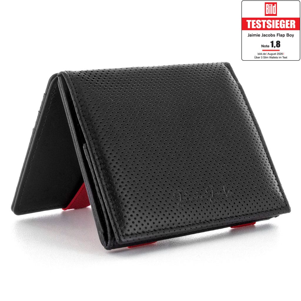 Jaimie Jacobs Geldbeutel Portemonnaie Perforated Leather Black with Red Flap Boy - Magic Wallet with Coin Pocket - Limited Edition Flap Boy Magic Wallet with Coin Pocket Limited Edition 