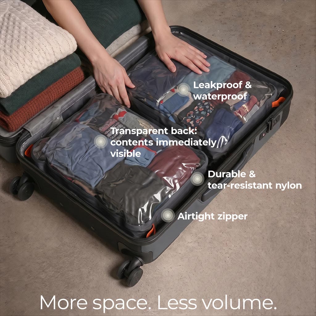 An open suitcase on a concrete floor with folded clothes packed into clear vacuum storage bags. A person's hands are visible arranging the bags, and text callouts describe features like leakproof/waterproof, transparent back, durable tear-resistant nylon, and airtight zipper.