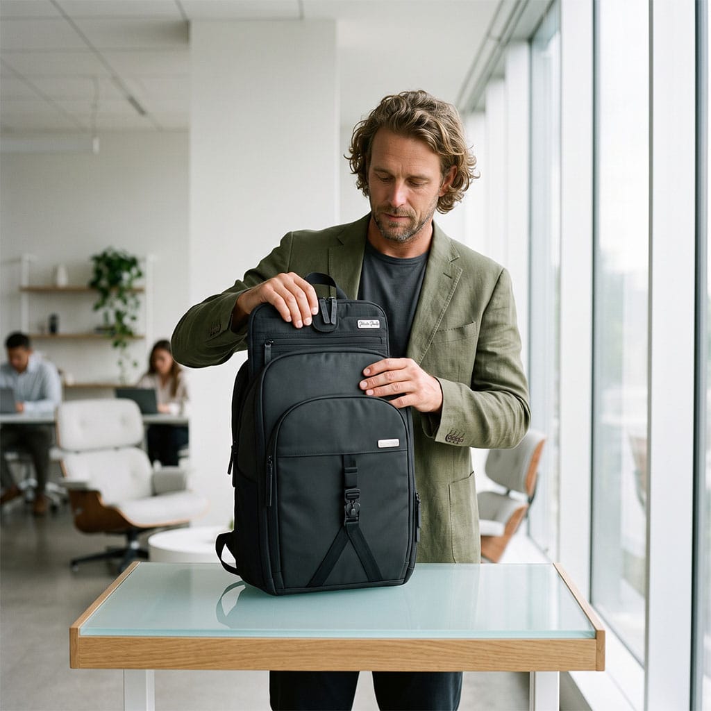 a men pulls out a laptop sleeve out of the jaimie jacobs wallet